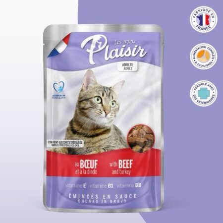 Sachets fraîcheur 100g d’émincés au BOEUF et DINDE en sauce (convient pour chat stérilisé)