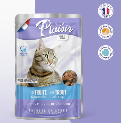 Sachets fraîcheur 100g d’émincés au Truite et Crevette en sauce (convient pour chat stérilisé)
