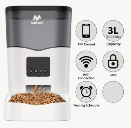IMIPAW Distributeur d'Aliments Intelligent pour Animaux de Compagnie WiFi 3L - Distributeur Automatique de Nourriture pour Chats et Chiens avec Contrôle par Application, Jusqu'à 20 Repas par Jour, Alimenté par USB