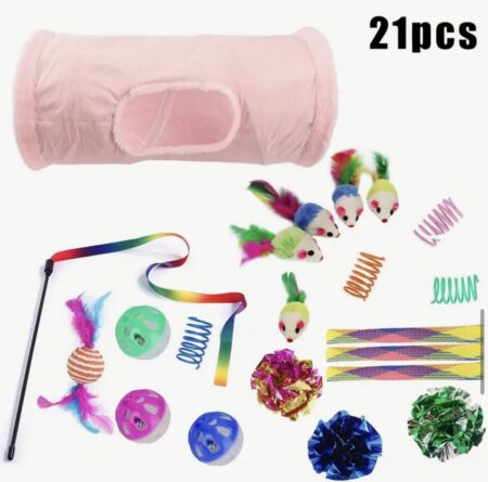 21PCS Ensemble de Jouets pour Chat : Passage pliable et balle à poils artificiels, combinaison jouet ressort. Idéal pour les jeux en intérieur ou extérieur afin d'éviter l'ennui [Certaines couleurs sont sélectionnées aléatoirement]
